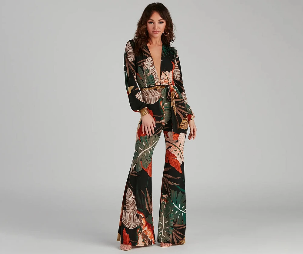 Island Getaway Plunge Neck Tropical Jumpsuit