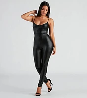 Sleek Sleeveless V-Neck Faux Leather Catsuit