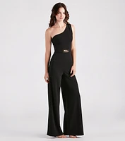 Chain Direction One Shoulder Crepe Jumpsuit