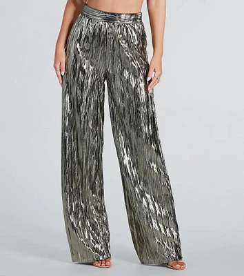 Dare To Impress Metallic Plisse Wide-Leg Pants