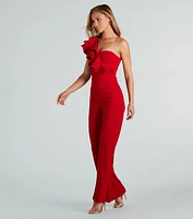 Catwalk Strut Crepe Ruffle One-Shoulder Jumpsuit