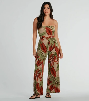 Vacay Mood Strapless Tropical Knit Jumpsuit