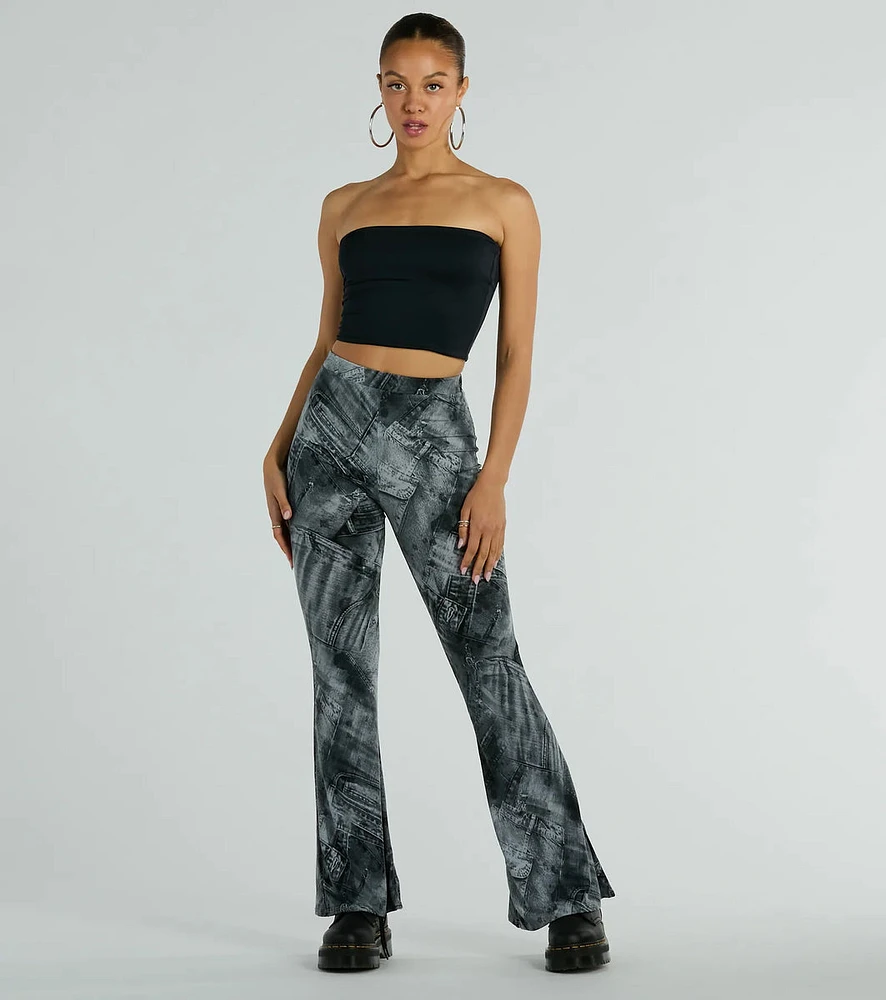 Got The Blues High Rise Denim Print Flare Pants