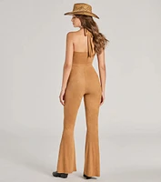 Eyes On Me Lace-Up Flare Faux Suede Jumpsuit