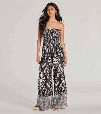 Trendy Ease Strapless Boho Print Wide-Leg Jumpsuit