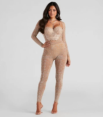 Iridescent Sparkle Rhinestone-Embellished Sheer Catsuit