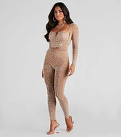 Iridescent Sparkle Rhinestone-Embellished Sheer Catsuit