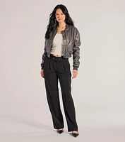 Sleek Impression Belted Straight-Leg Trouser Pants