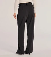 Sleek Impression Belted Straight-Leg Trouser Pants