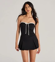 Cute Charm Strapless Ruffled Bow-Front Skater Romper