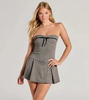 Preppy Glam Strapless Pleated Plaid Romper