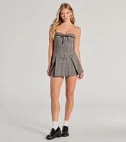 Preppy Glam Strapless Pleated Plaid Romper