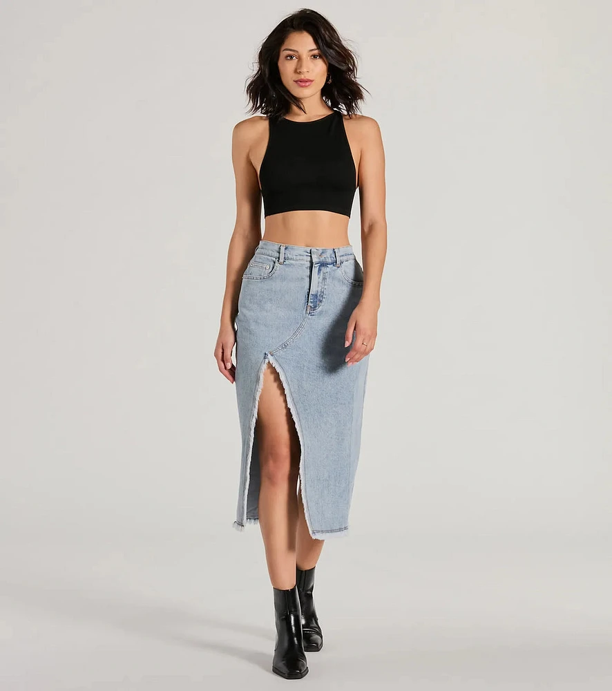 Cool Composure High-Rise Frayed Slit Denim Midi Skirt