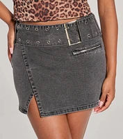 Edgy Belted Denim Wrap Mini Skirt