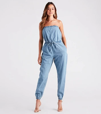 Fit Check Strapless Denim Jogger Jumpsuit