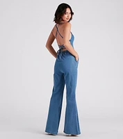 So Major Halter Lace-Up Denim Jumpsuit