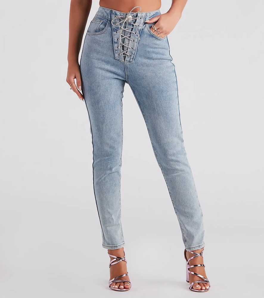 Glam Trendsetter Rhinestone Lace-up Skinny Jeans