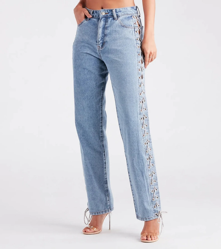 Glam Icon Rhinestone Lace-Up Jeans