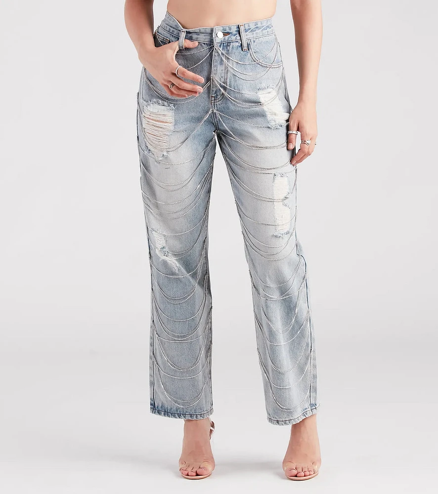 Glitzy Icon Rhinestone Draped Straight-Leg Jeans