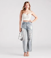 Glitzy Icon Rhinestone Draped Straight-Leg Jeans