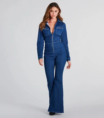 You've Got Flare Long Sleeve Denim Jumpsuit