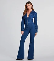 You've Got Flare Long Sleeve Denim Jumpsuit