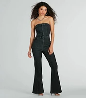 Flirty Retro Strapless Flare Denim Jumpsuit