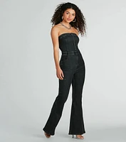 Flirty Retro Strapless Flare Denim Jumpsuit