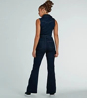 Retro Vibes Belted Flared-Leg Denim Jumpsuit