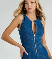 Heart Open Zip Up Flare Denim Jumpsuit