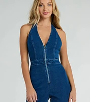 Coolest Town Halter Zip-Up Flare Denim Jumpsuit