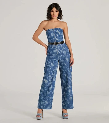 Good Vibes Strapless Tie-Dye Wide-Leg Cargo Jumpsuit