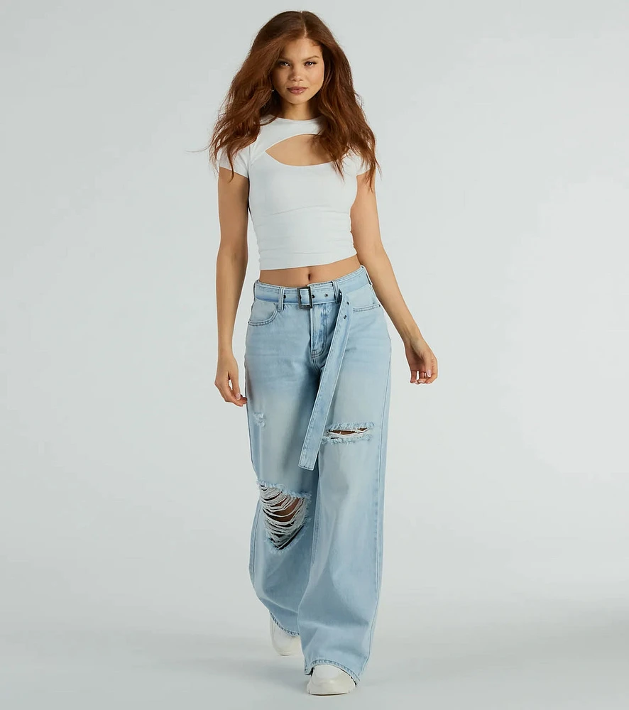 Cool Vibes High-Rise Belted Destructed Wide-Leg Jeans