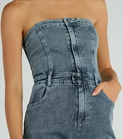 Flirty Retro Strapless Flare Denim Jumpsuit