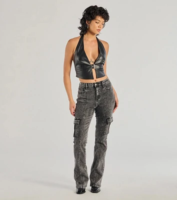 Bold Flare High-Rise Acid Wash Cargo Jeans