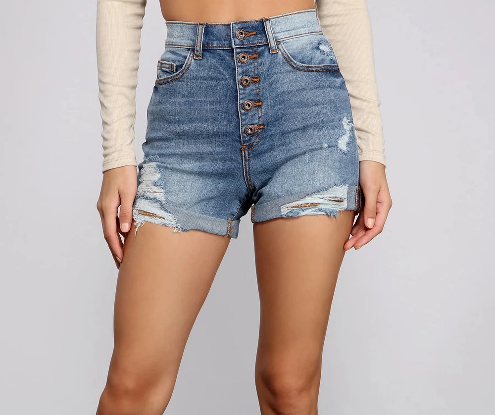 High Rise Button-Down Denim Shorts