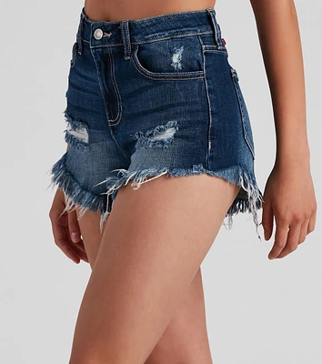 On Edge High Rise Fray Denim Shorts