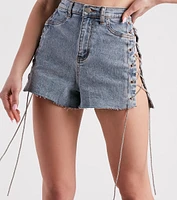 Lace Me Up High-Rise Rhinestone Denim Shorts