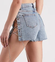 Lace Me Up High-Rise Rhinestone Denim Shorts