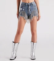 On The Fringe Rhinestone Denim Shorts