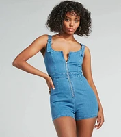 Buckle Down Scoop Neck Zipper Denim Romper