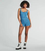 Buckle Down Scoop Neck Zipper Denim Romper