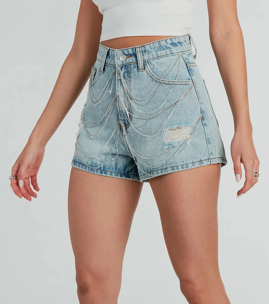 Pop Star Rhinestone High-Rise Denim Shorts