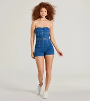 Cutie Alert Strapless Belted Denim Romper