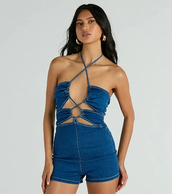 Sunny Season Halter Lace-Up Cutout Denim Romper