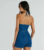 Sunny Season Halter Lace-Up Cutout Denim Romper