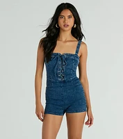 Enticing Flirty Sleeveless Lace-Up Denim Romper