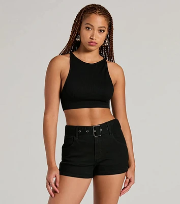 Summer Girlie Mid Rise Belted Denim Shorts