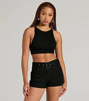 Summer Girlie Mid Rise Belted Denim Shorts