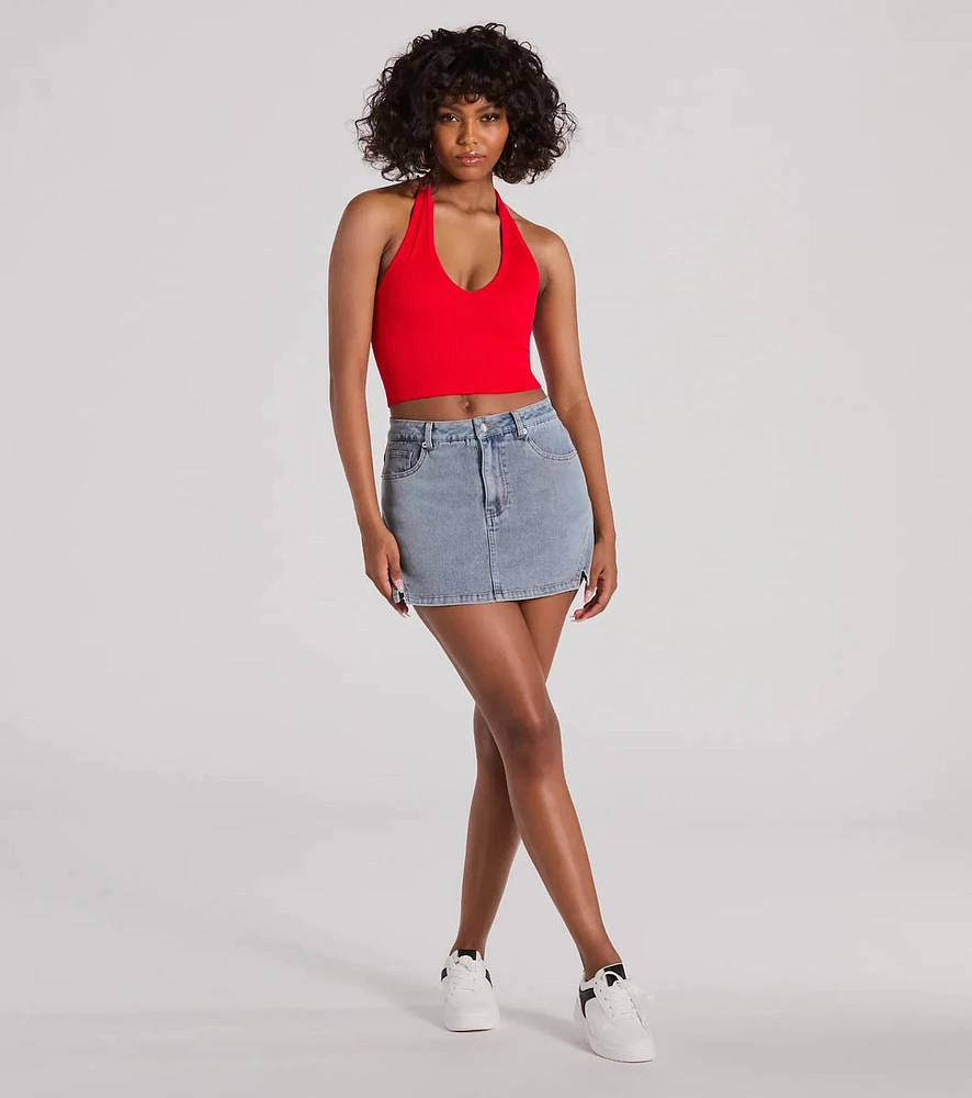 Favorite Look High-Rise Slit Mini Denim Skort